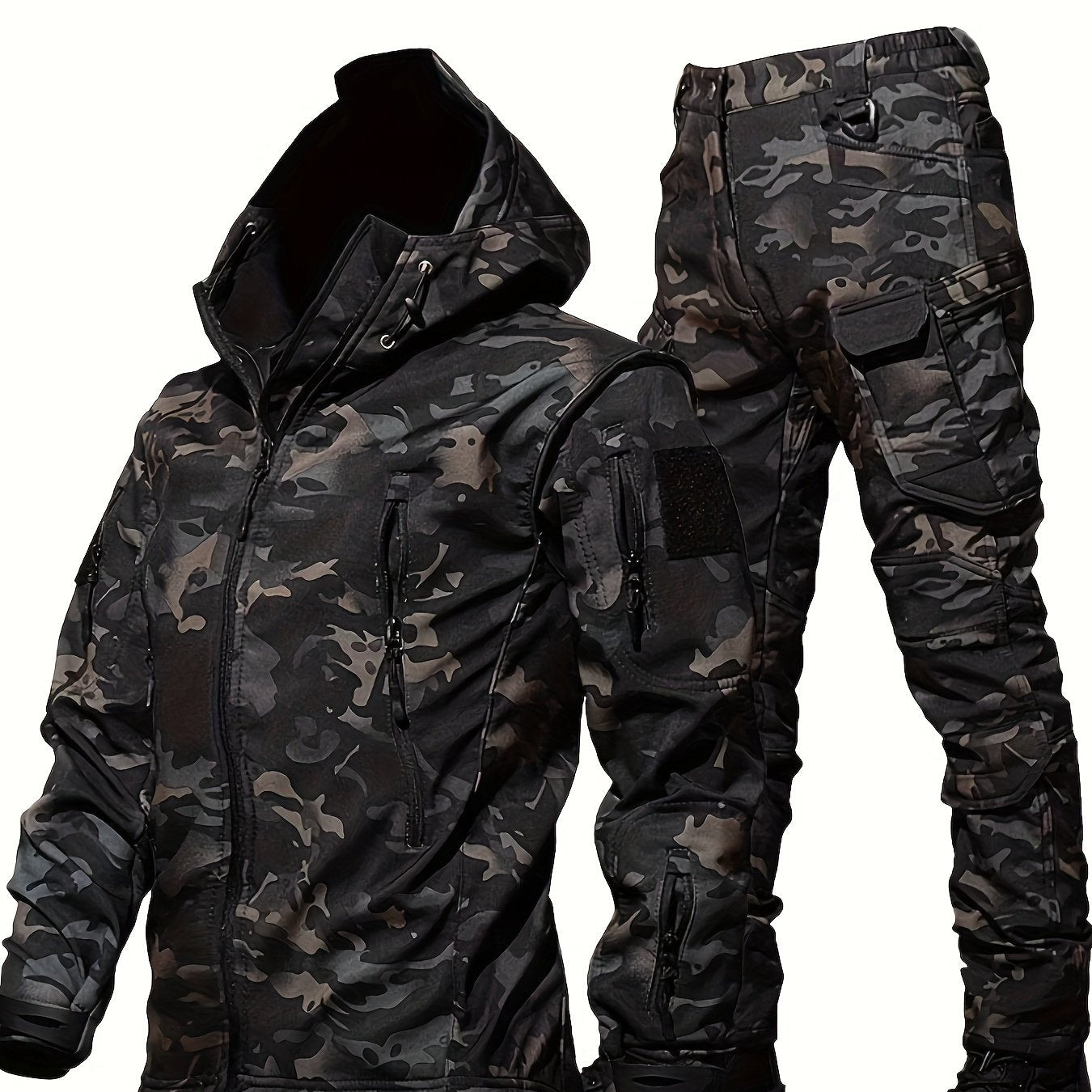 Men's Tactical Winter Camo Set Hooded Windproof Jacket Cargo Pants Fleece Lined Polyester Spandex