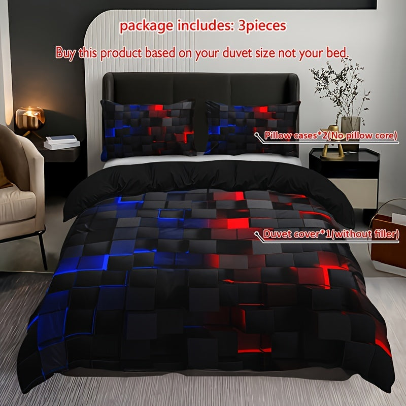 Grid Print Bedding Set 3-Piece Duvet Cover and Pillowcases for Bedroom or Guest Room