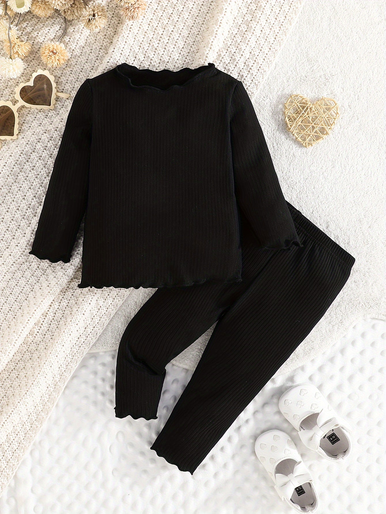 Girls' 3-Piece Long Sleeve Outfit Set with Heart Pattern Brown Black Polyester All-Season