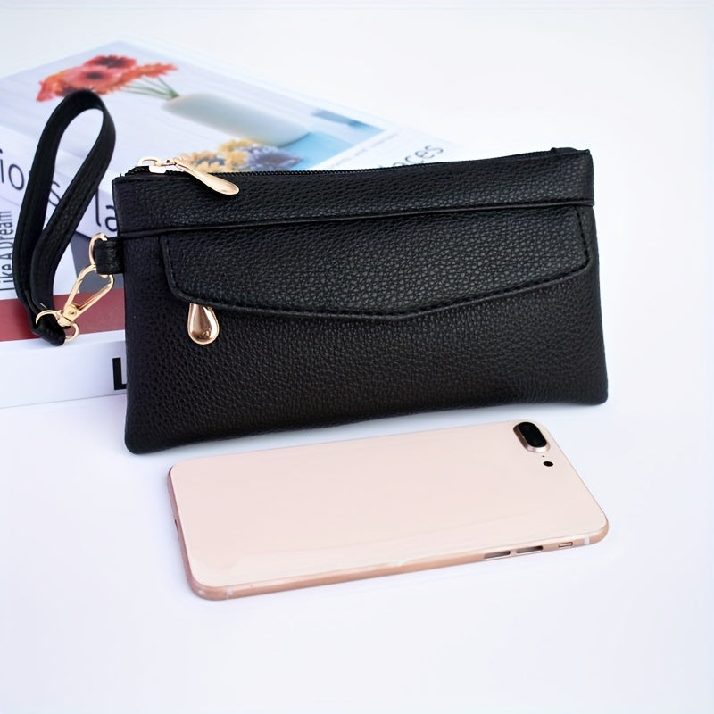Long Wallet with Zipper Coin Purse and Wristband Leather Slim Minimalist Envelope Style