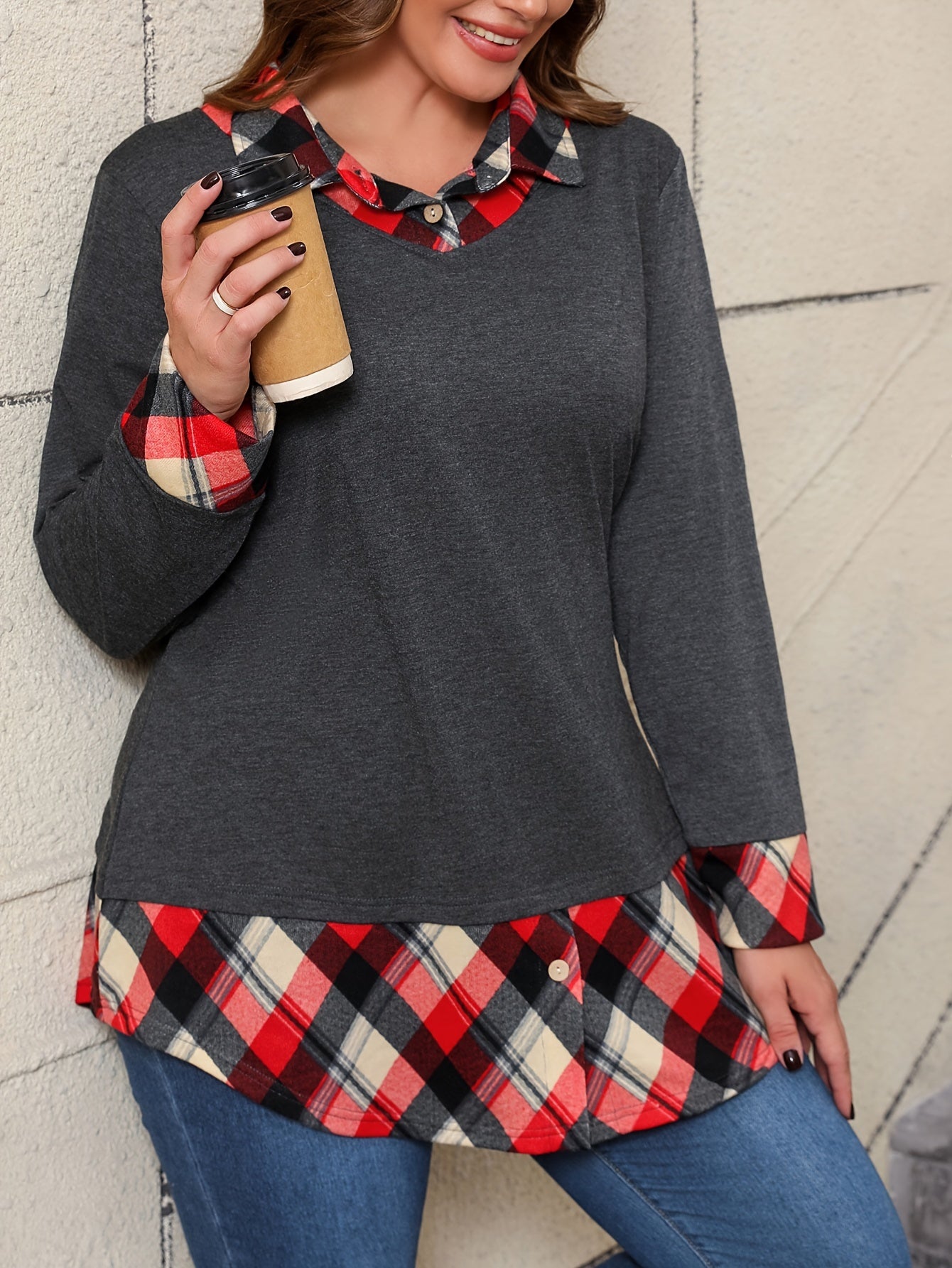Plus Size Women's Plaid Patchwork Long Sleeve Top Faux Two-Piece Red Black Beige
