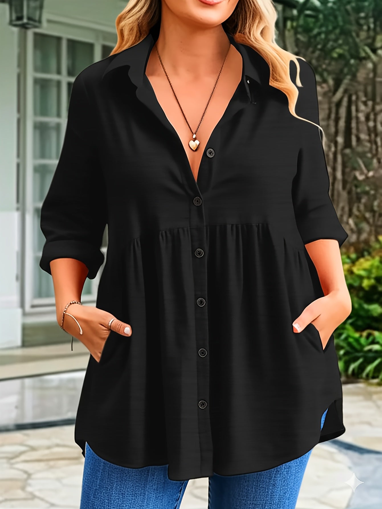 Plus Size Women's Blouse Soft Ice Silky Fiber Button-Up Collar Pockets A-Line Long Sleeve Spring Summer Fall