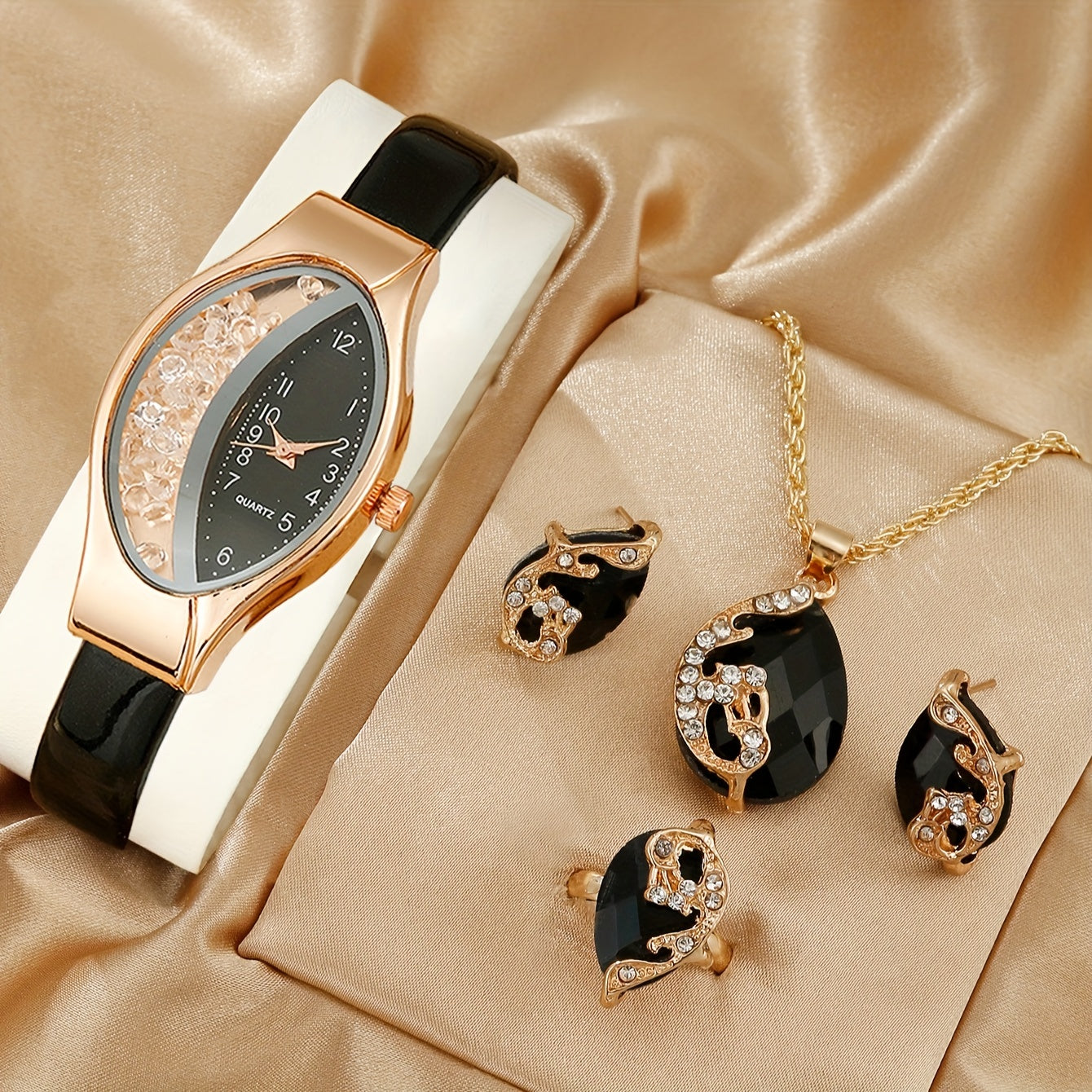 Set of 5 Women's Quicksand Oval Pointer Quartz Watches with Analog Display PU Leather Jewelry Set