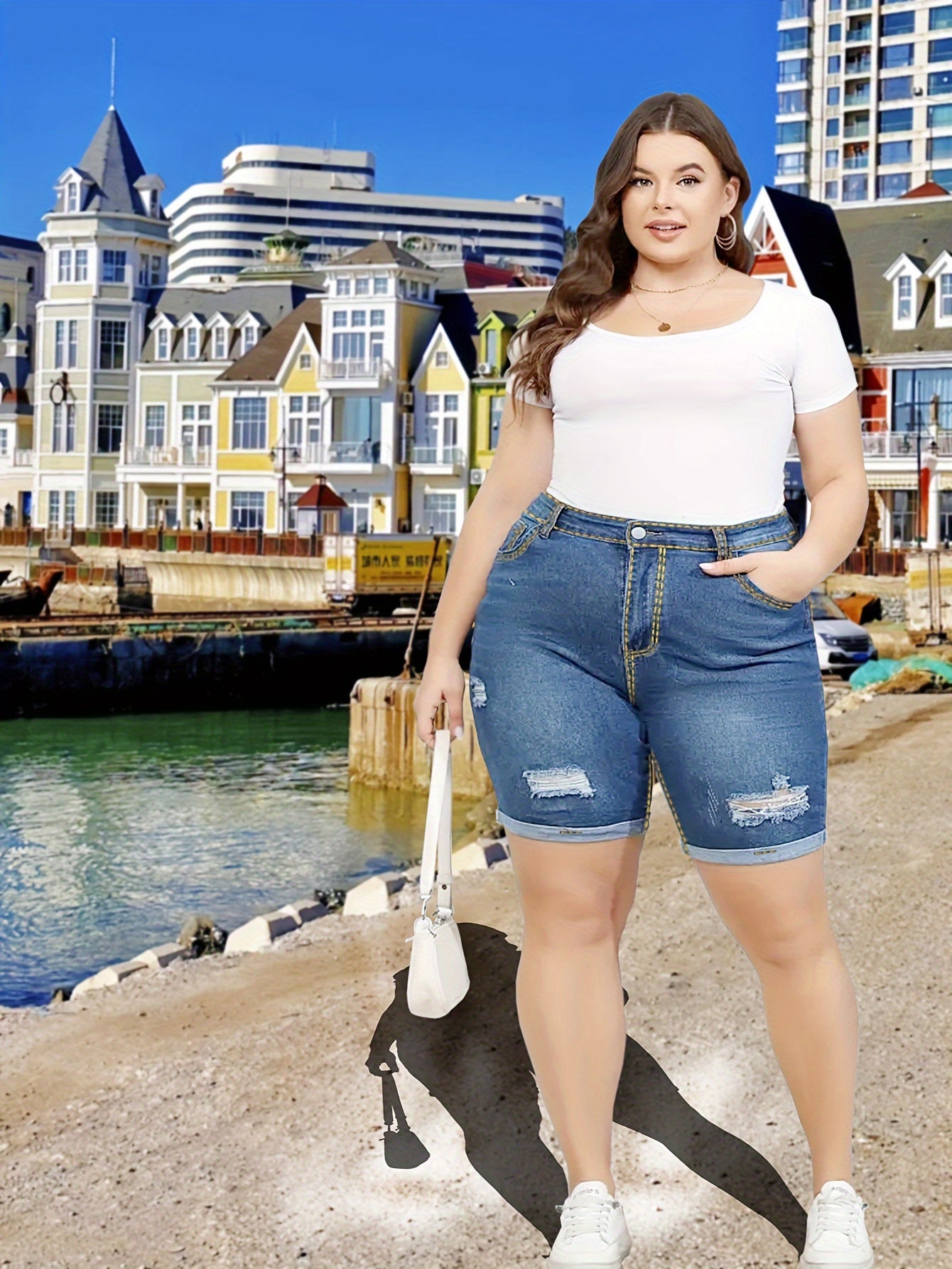 Plus Size Women's High-Waisted Stretch Denim Shorts Distressed Frayed Hem Casual Summer