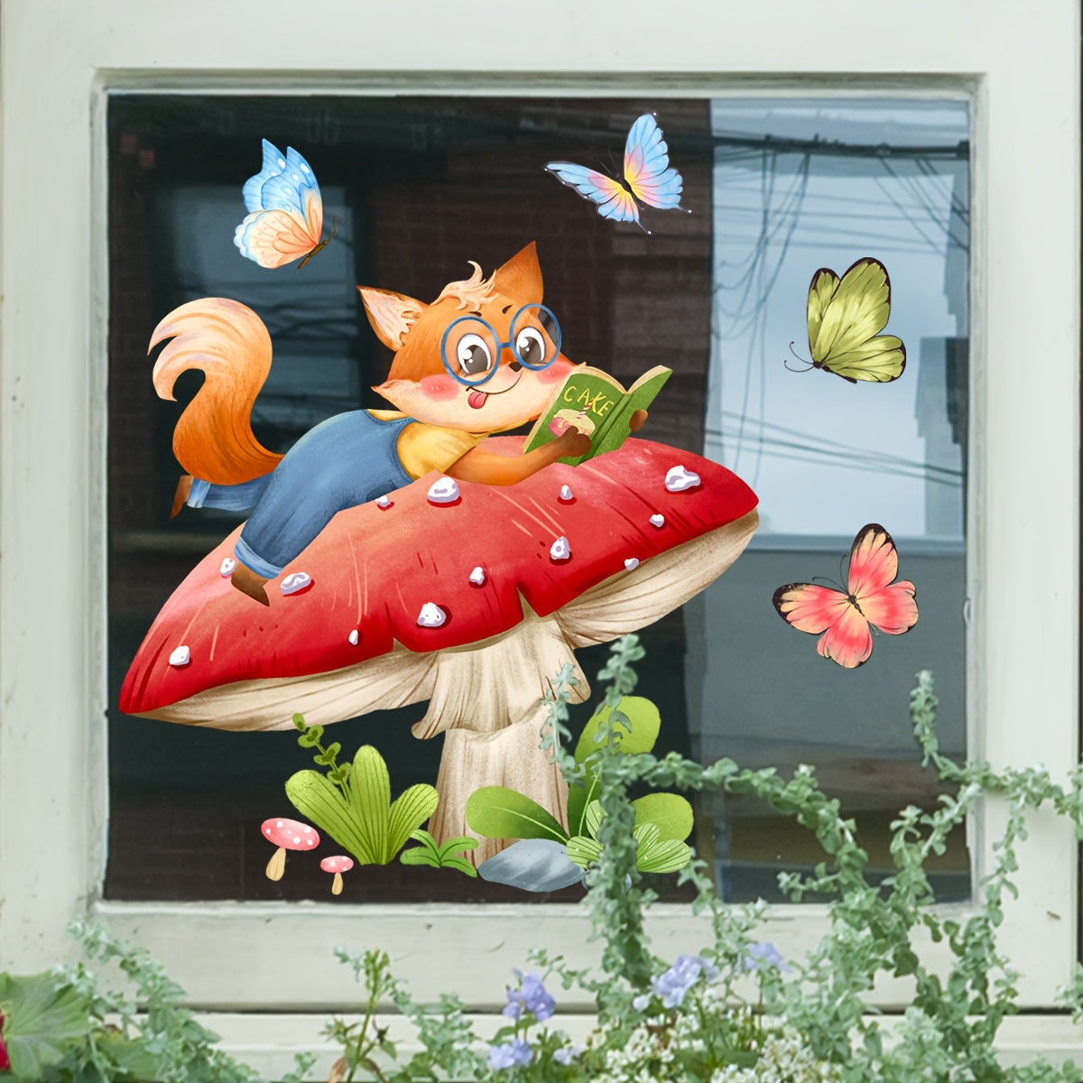 Double-Sided Window Clings Fox and Mushroom Butterfly Decor for Home