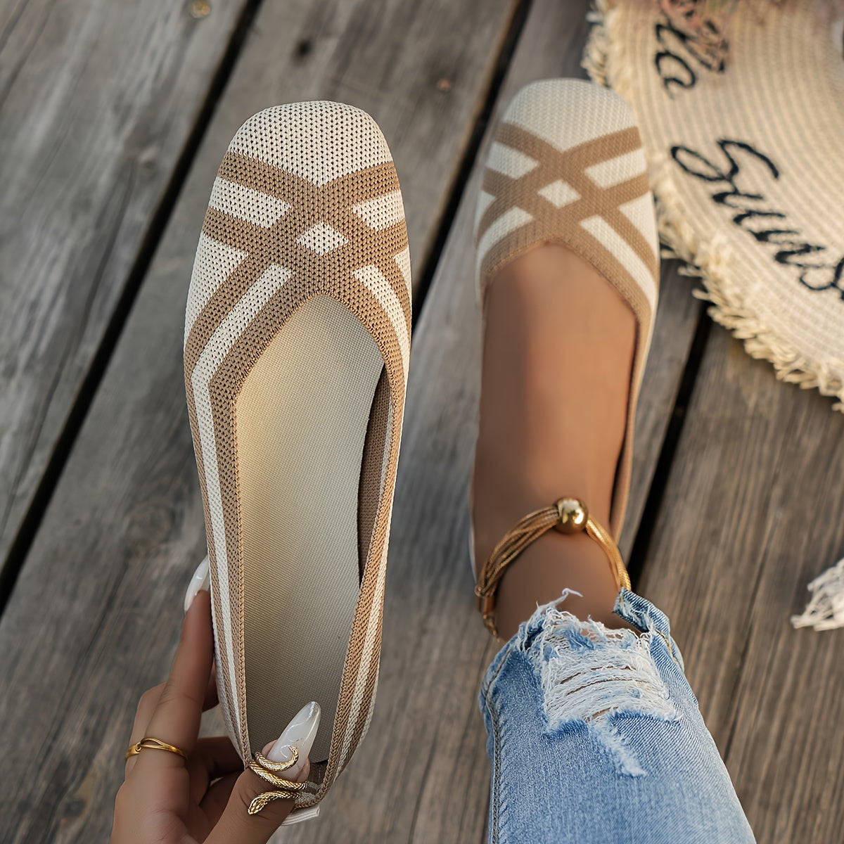 Women's Breathable Non-Slip Ballet Flats with Square Toe and Cross Strap Black White