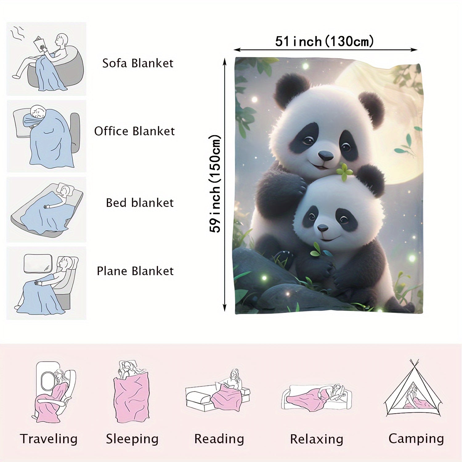 Cozy Panda Print Flannel Throw Blanket for Couch Bed Camping Blue