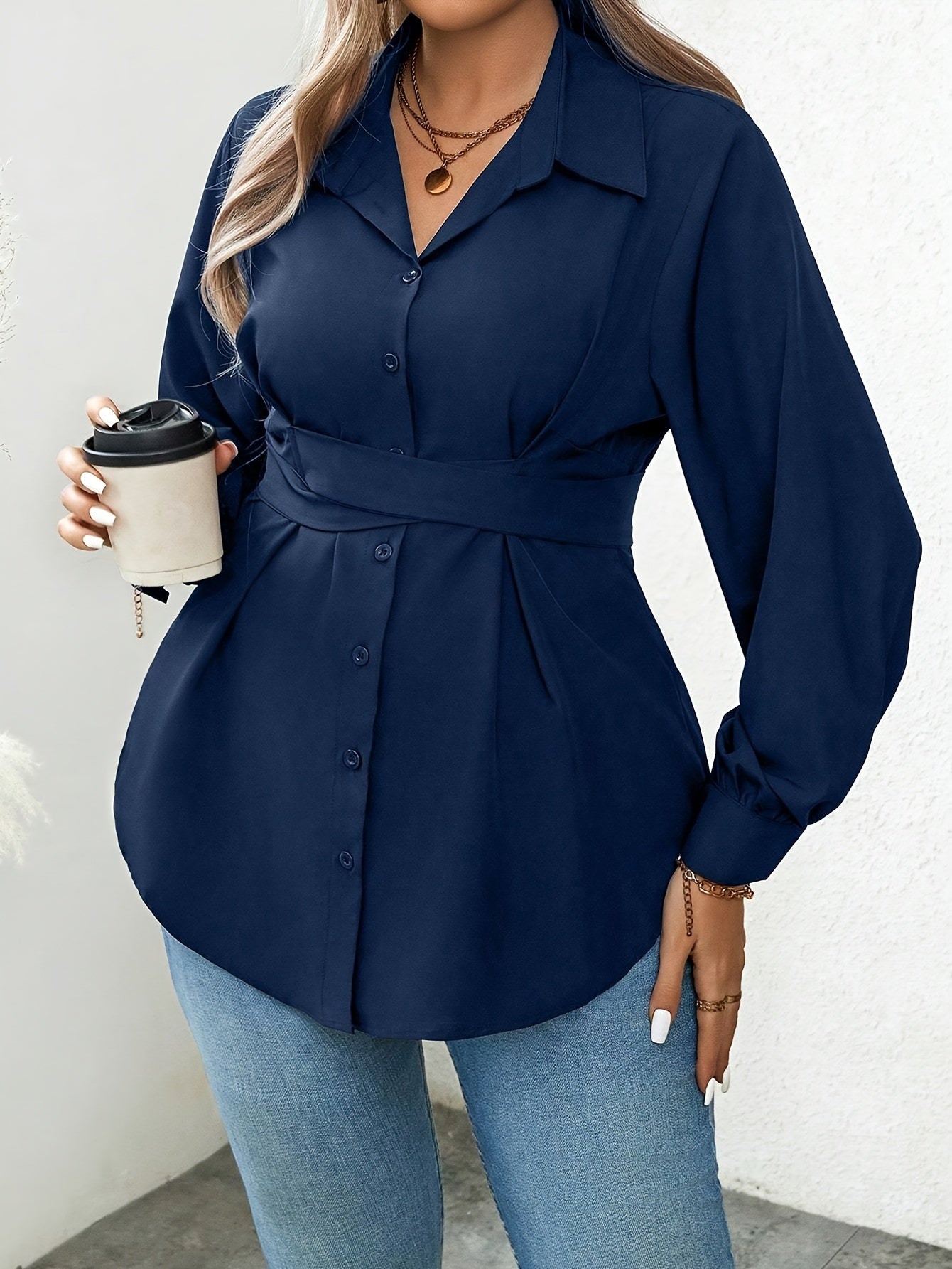 Женская рубашка с длинным рукавом и поясом из полиэстера, однотонная, для всех сезонов