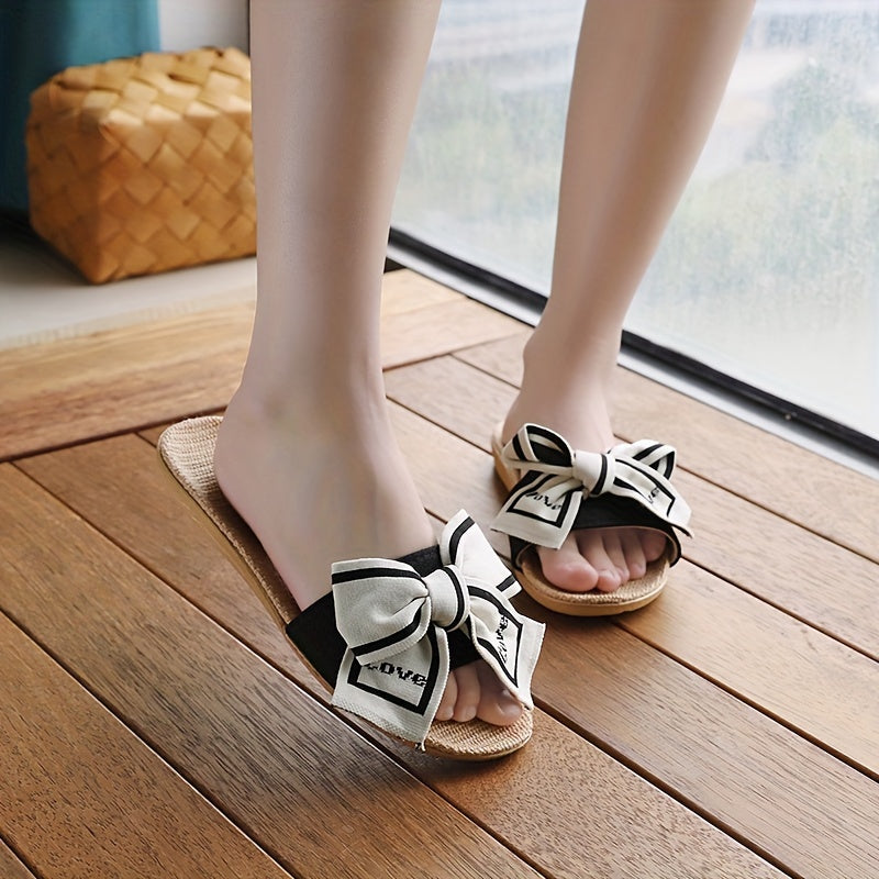 Women's Linen Bow Slippers with Platform Sole Indoor Outdoor