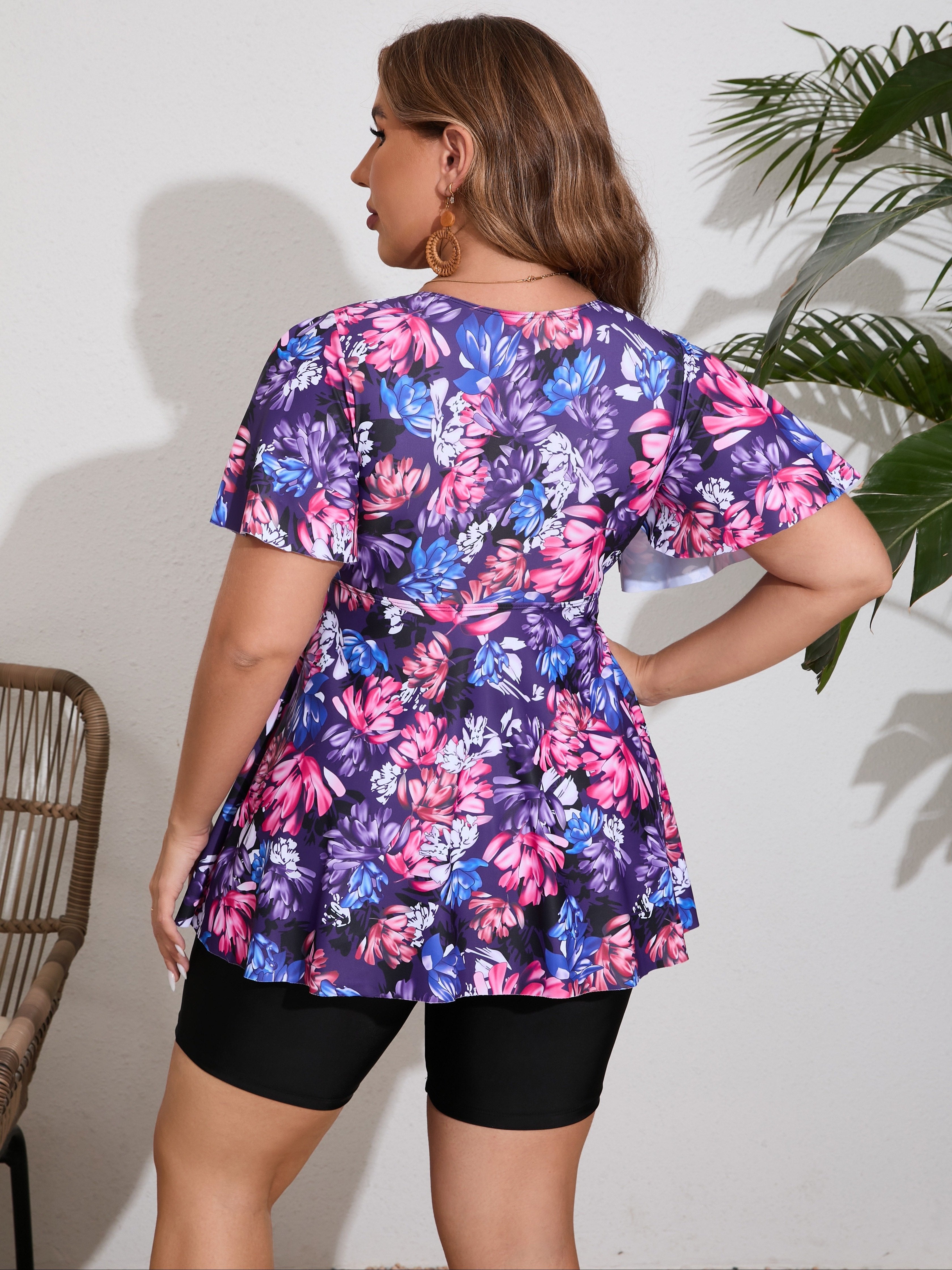 Танкини с тропическим принтом для полных женщин, топ с V-образным вырезом и боксеры