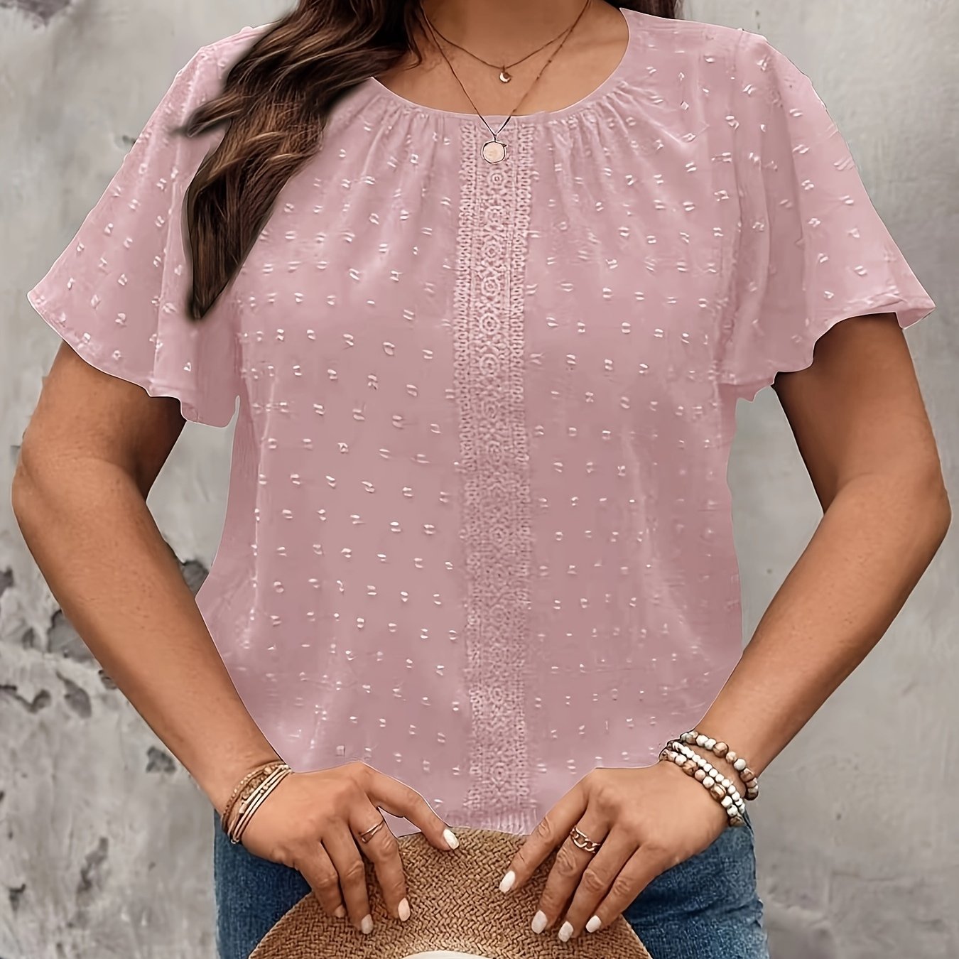 Plus Size Women's Smocked Blouse Black Short Sleeve Casual Formal Top