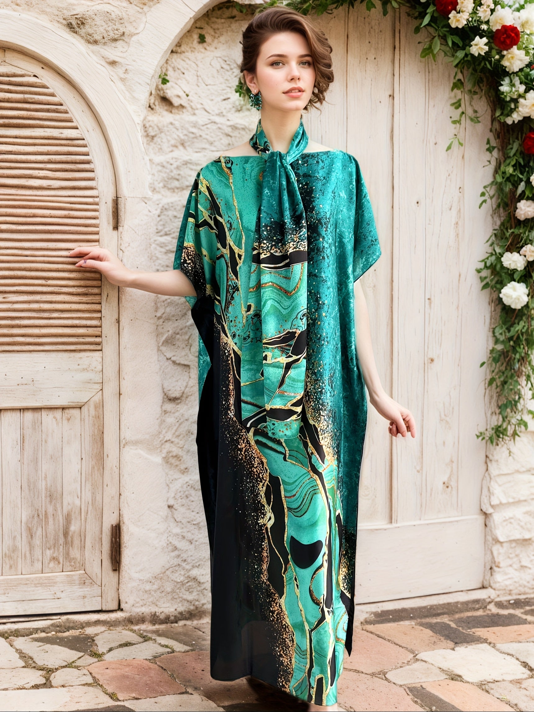 Plus Size Women's Maxi Dress Flowy Formal Casual Emerald Green Geometric Print