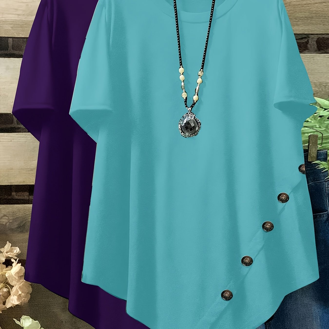 Plus Size Loose Fit Short Sleeve Casual T-Shirts with Button and Asym Hem