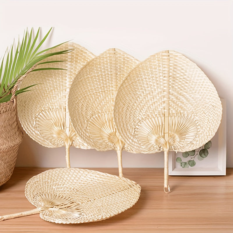 Set of 4 Bamboo Fans with Palm Leaf Design for Summer Cooling and Home Decor