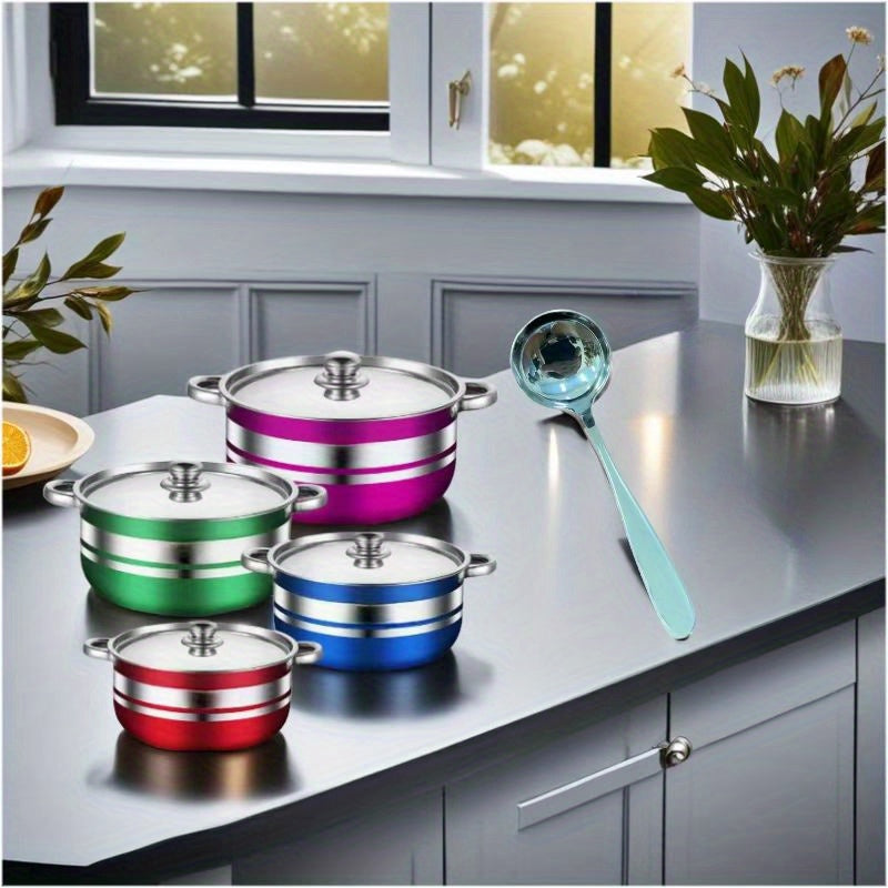 4-Piece Colorful Stainless Steel Cookware Set with Lids and Serving Spoon