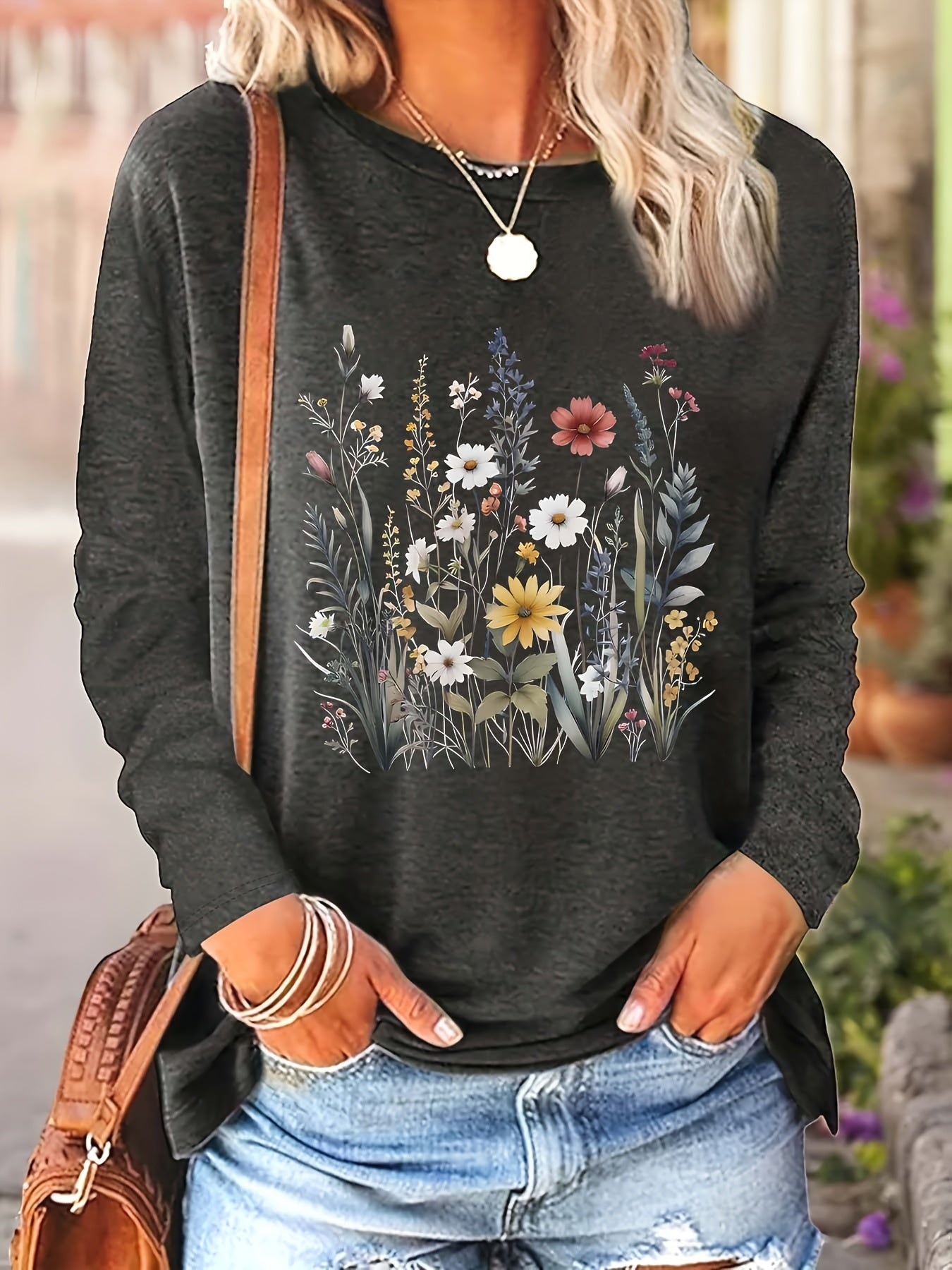 Women's Floral Print Crew Neck T-Shirts, Long Sleeve Polyester Tops