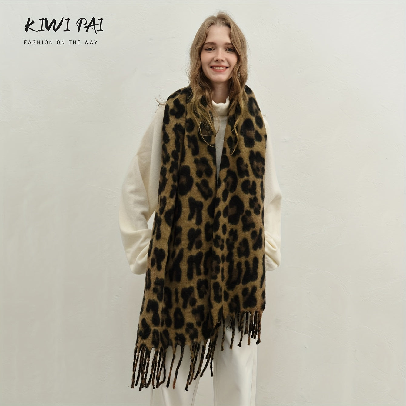 Leopard Print Scarf Cozy Thick Versatile Autumn Winter Polyester Khaki Brown Camel