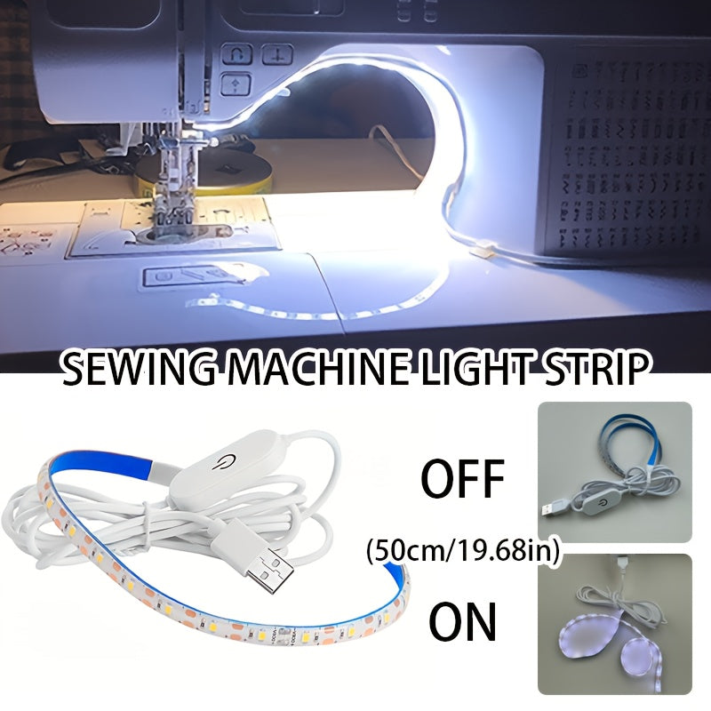 Светодиодная шнуровая лента для шитья с питанием от USB и сенсорным затемнением, энергоэффективный белый свет для стандартных машин, не требует батареек, гибкий пластиковый дизайн для улучшенной видимости при рукоделии.