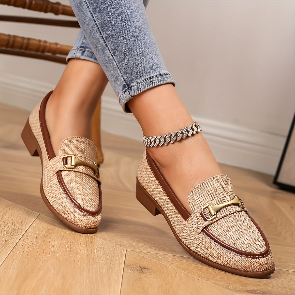 Women's Flat Bottom Metal Buckle Loafers Retro Braided College Style Shoes
