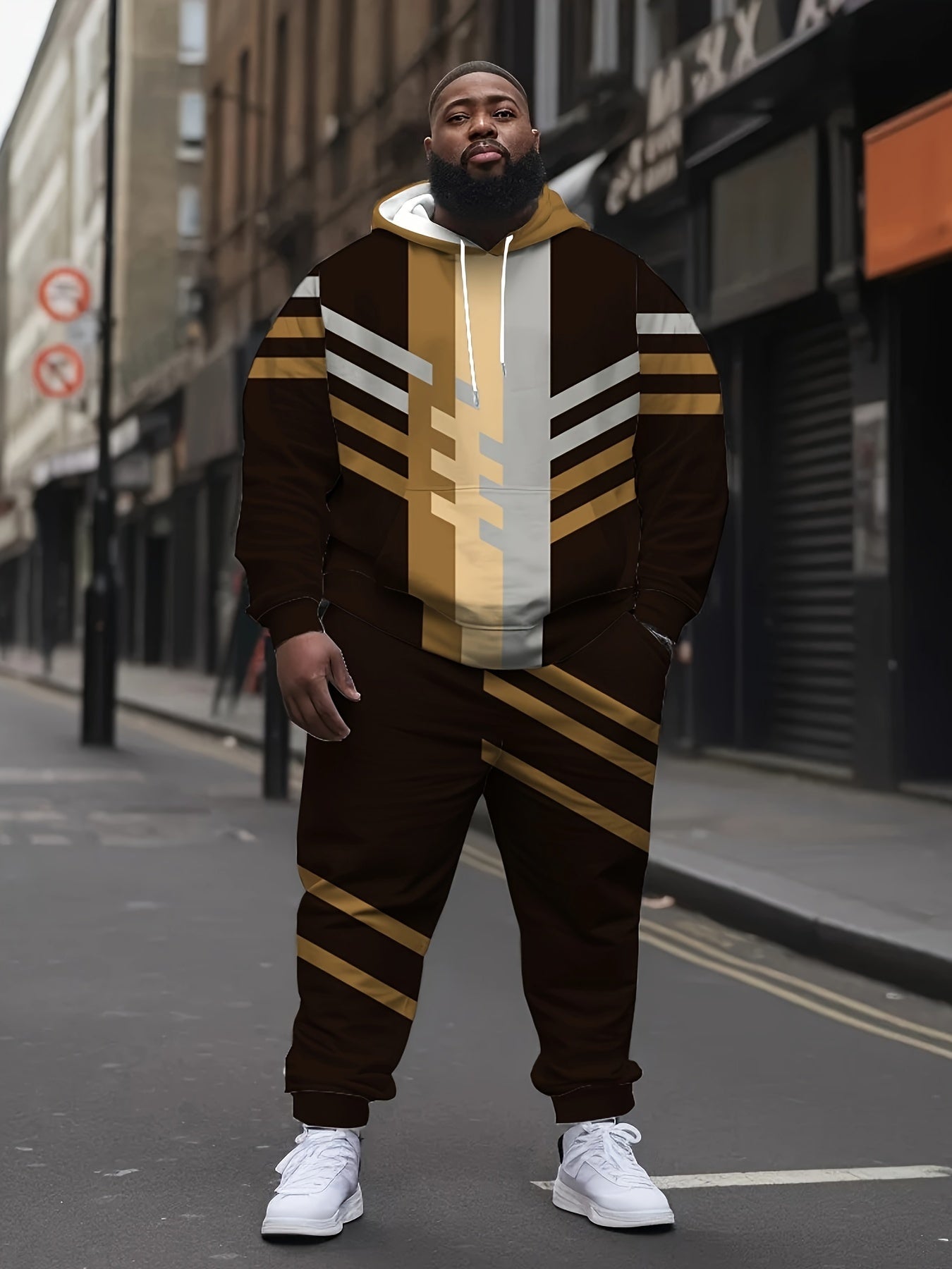 Men's Plus Size Hoodie Tracksuit with Color Block Design Polyester Casual