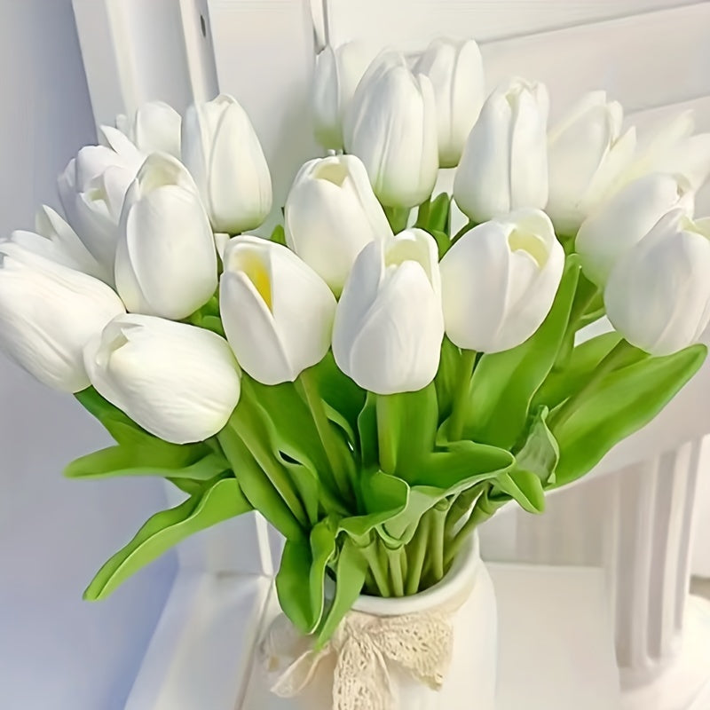 Artificial White Tulip Flowers with Green Leaves for Weddings Home Decor Set of 10