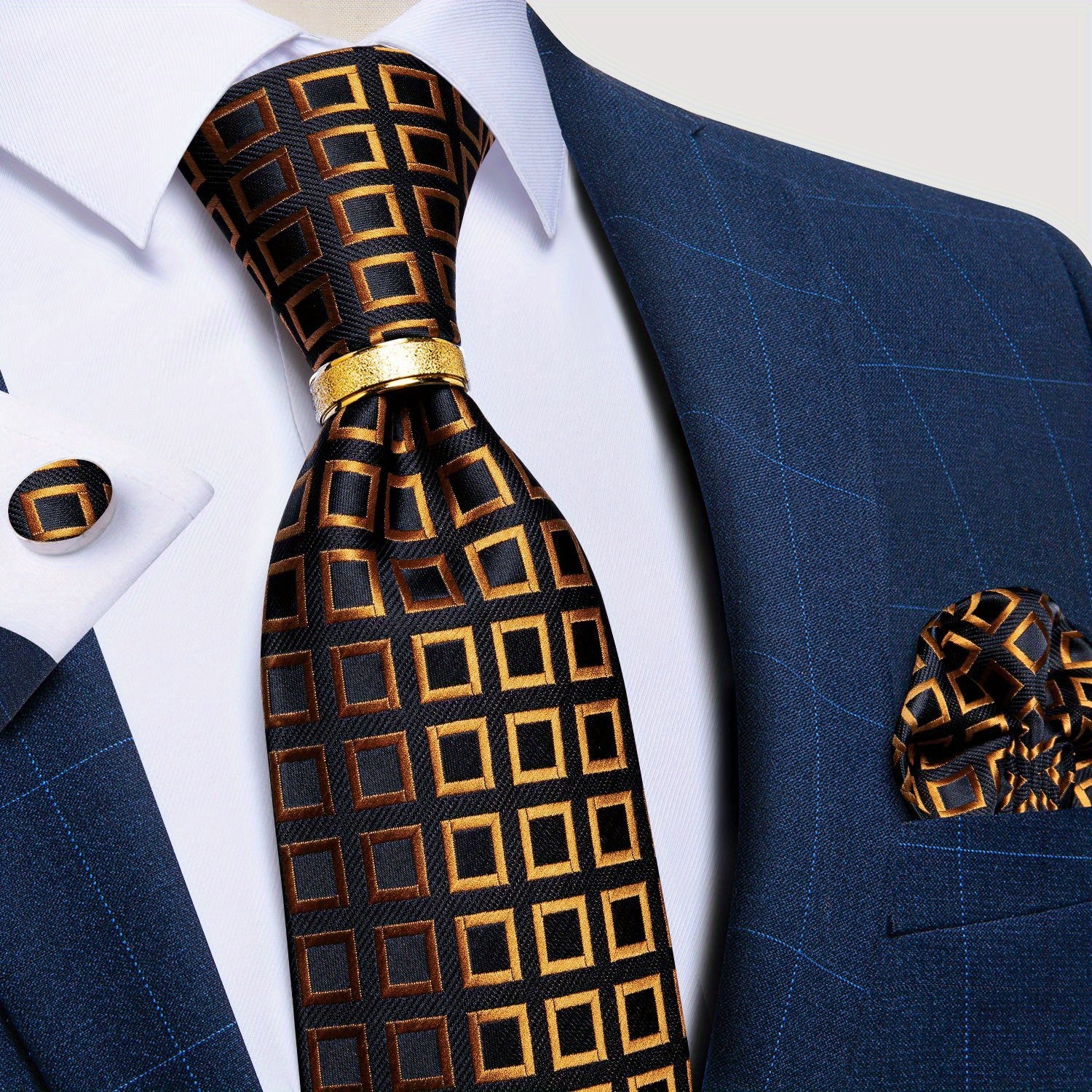 Men's Tie Set with Paisley Plaid and Striped Designs Including Pocket Square Cufflinks Ring