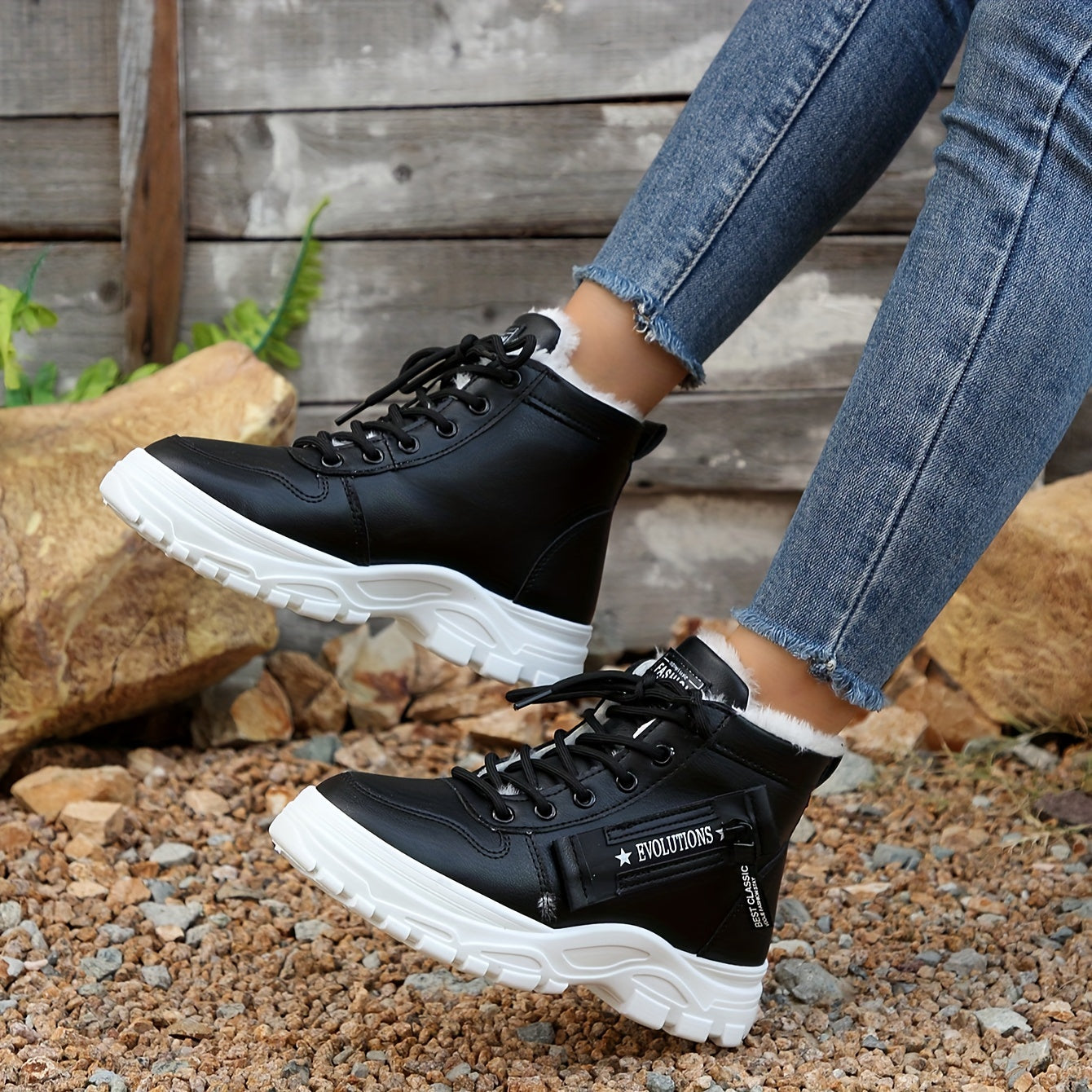 Women's Fleece-Lined Winter Boots High-Top Lace-Up Sneakers Black Beige White