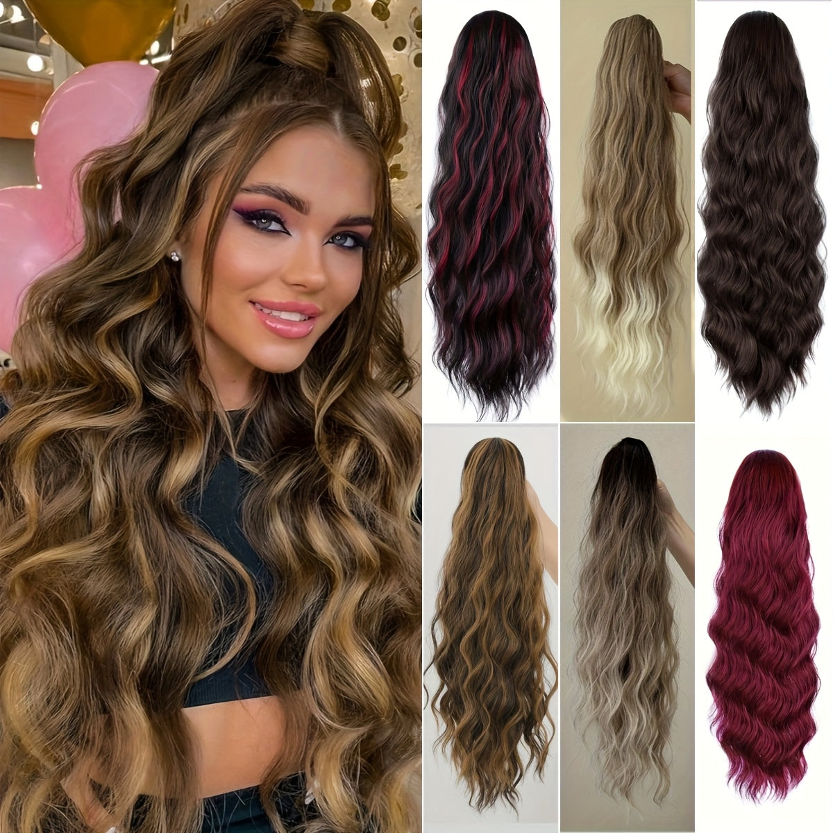 Women's 24-Inch Long Wavy Synthetic Ponytail Extension Drawstring Deep Wave