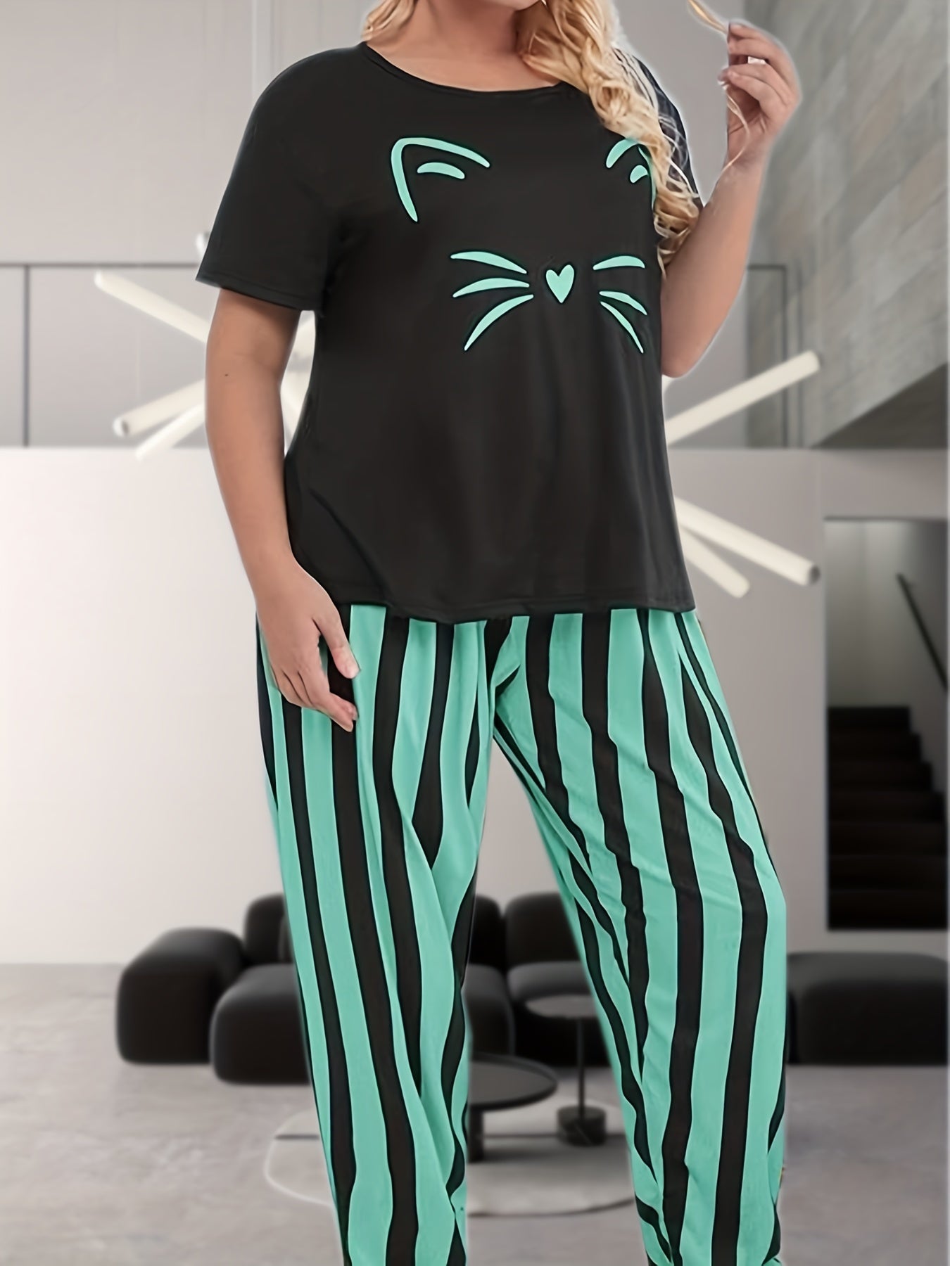 Plus Size Women's Pajama Set Cat Print Short Sleeve Top and Striped Pants