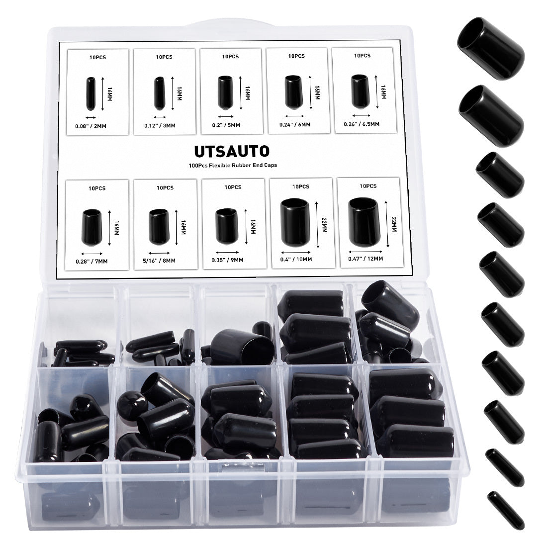100Pcs Flexible Rubber End Caps Kit for Tubes and Screws in 10 Sizes