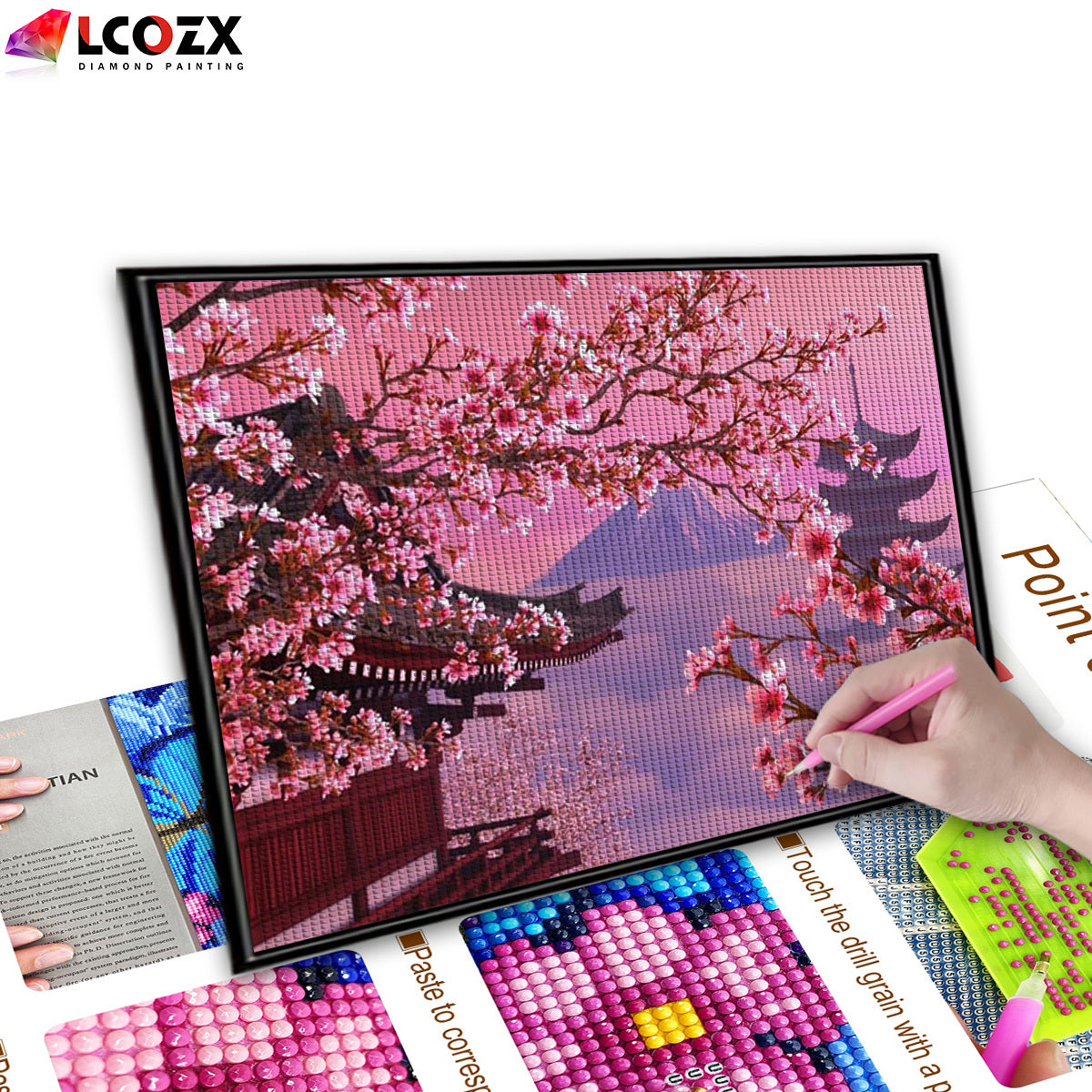 Artificial Diamond Painting Kit with Cherry Blossom and Fuji Mountain 29.97x39.88cm Pink Rhinestones