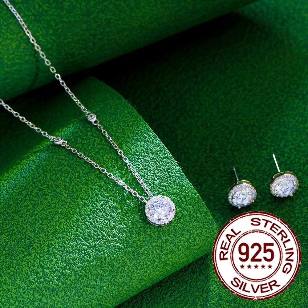 Women's Jewelry Set Necklace and Stud Earrings Sterling Silver Cubic Zirconia