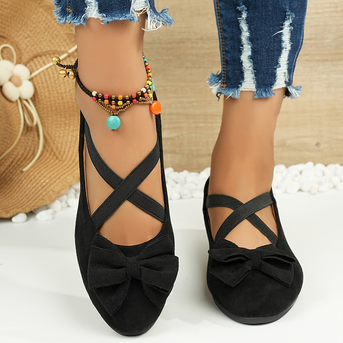 Zapatos planos de ballet negros para mujer con lazo | Zapatos ligeros sin cordones para vestir y casuales