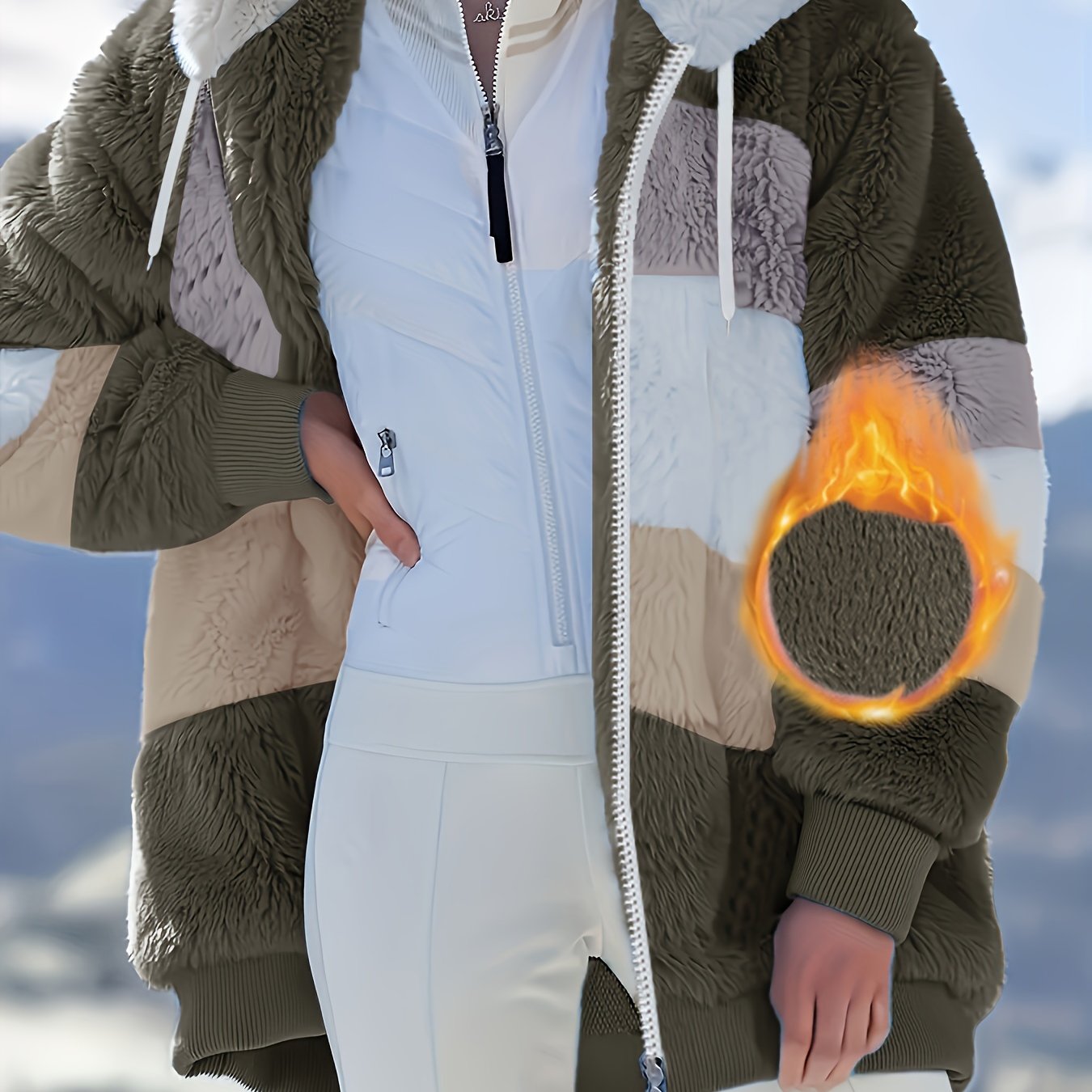 Jilovli cho'tka bilan to'q sariq va kulrang chiziqli ayollar uchun mo'ynali xuddi, cho'ntaklari bilan, iliq va qulay qish uslubi uchun yumshoq polyesterdan tayyorlangan.