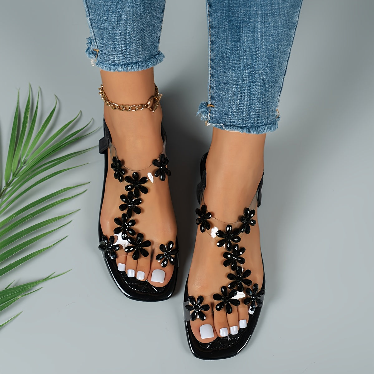 Women's Floral Embellished Slip-On Flat Sandals Open-Toe Casual Shoes