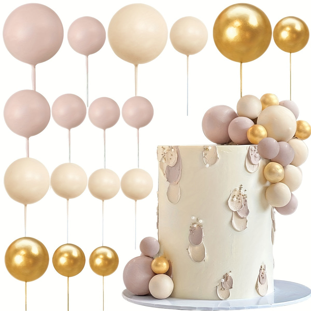 Set of 17 Cake Decoration Balls in Nude and Coffee Colors for Birthday and Wedding Cakes