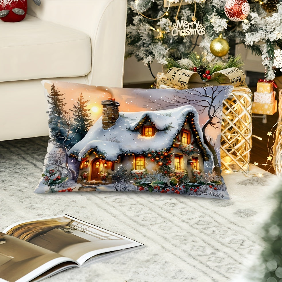Christmas Cottage Linen Pillow Cover Winter Snow Scene Decorated House Zippered Machine Washable