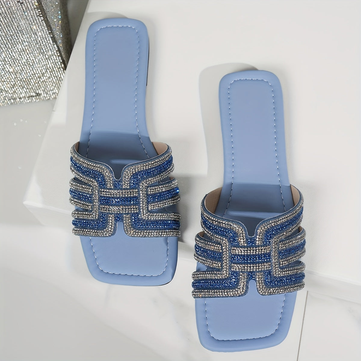 Women's Summer Slip-On Sandals Rhinestone Geometric Straps Open Toe