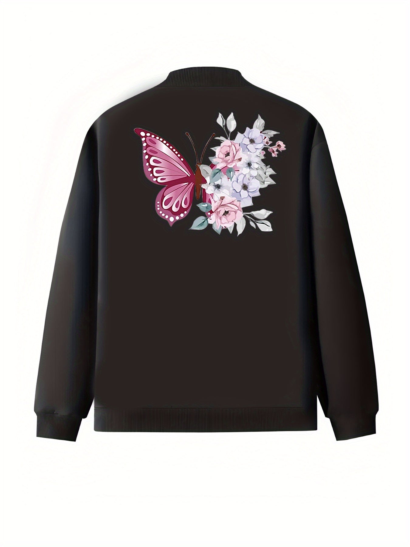 Women's Black All-Season Jacket with Floral Pockets Plus Size