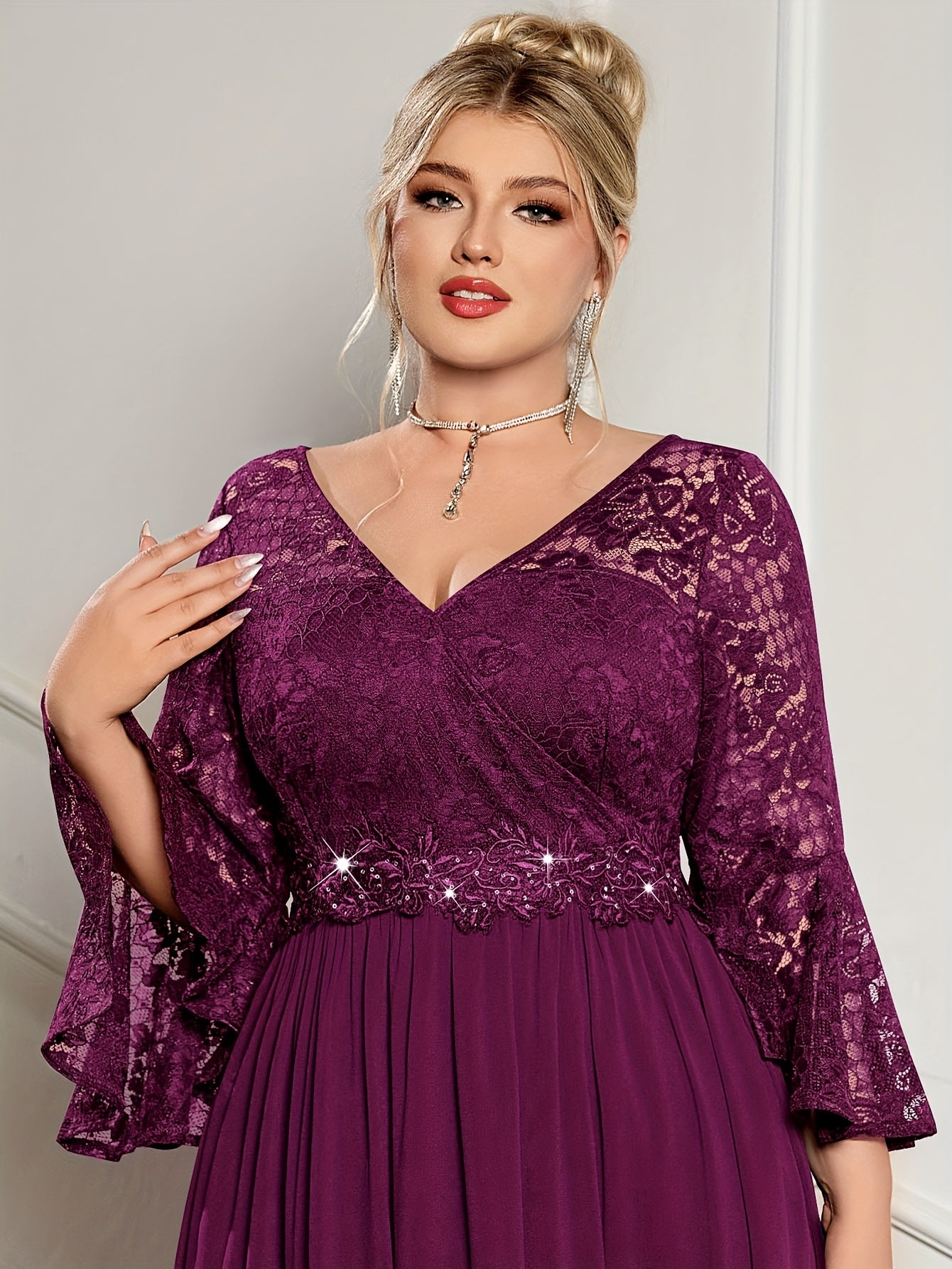 Plus Size Lace V-Neck Gown with Bell Sleeves and Pleated Skirt for Formal Events
