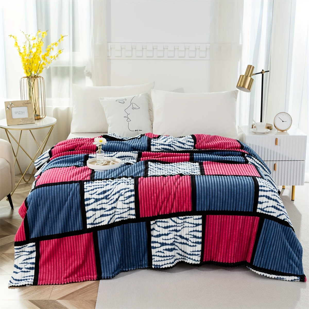 Color Block Faux Rabbit Fur Bed Blanket Cozy Throw for Bed Sofa Couch