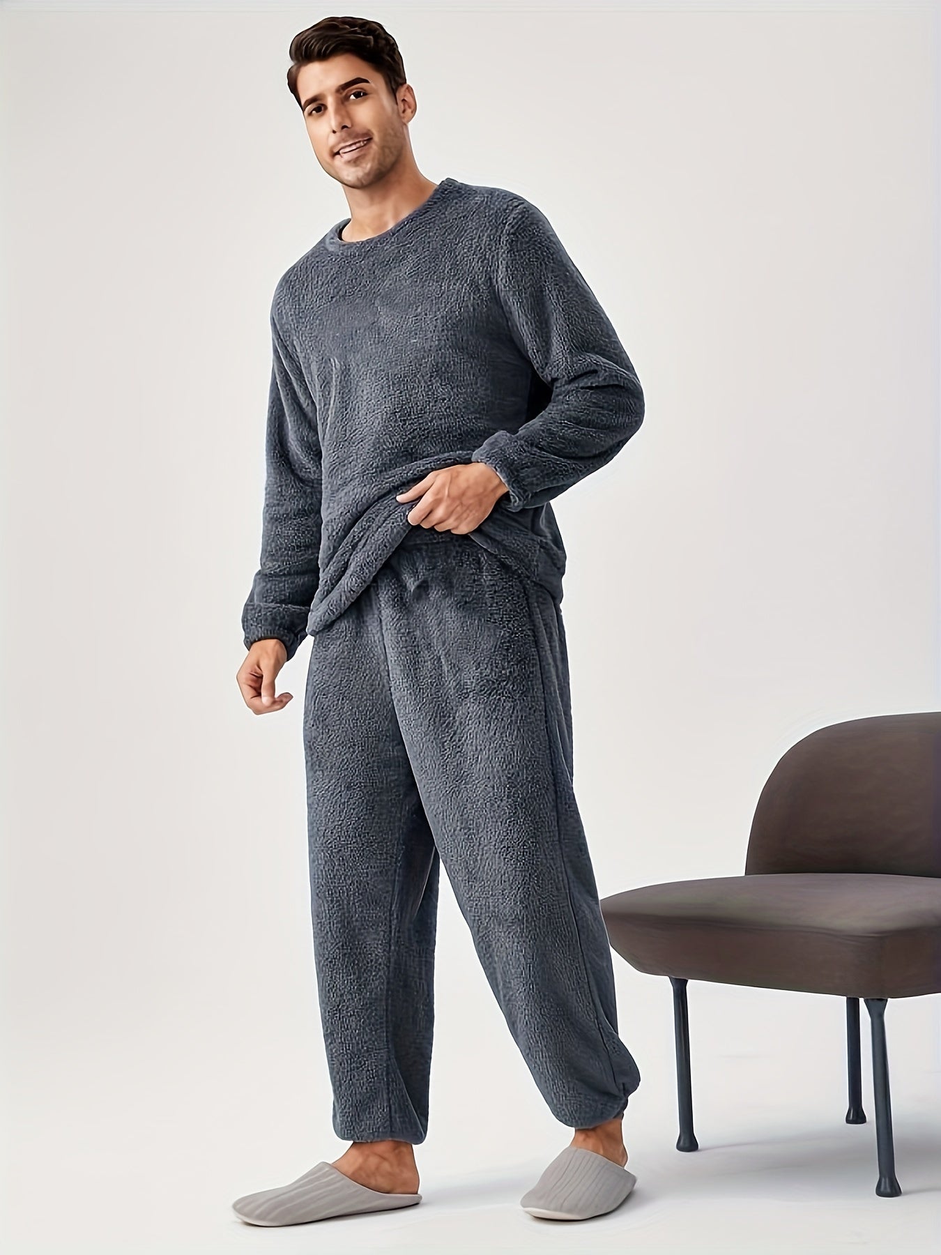 Men's Coral Fleece Pajama Set Long Sleeve Pockets Winter Lounge Wear