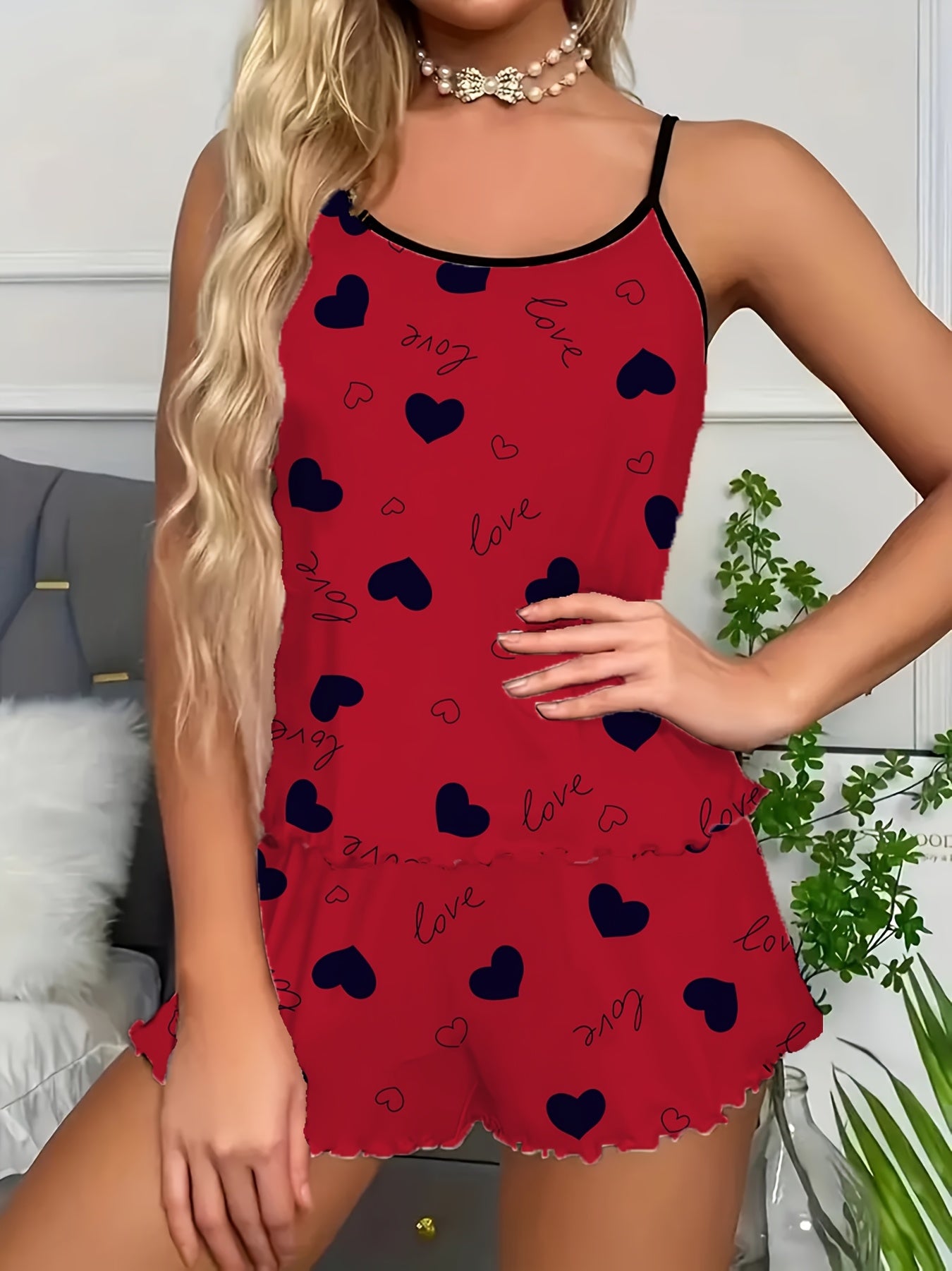 Women's Burgundy Heart Print Pajama Set with Spaghetti Strap Top and Shorts