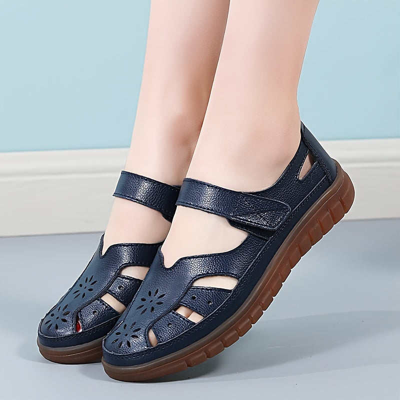 Women's Leather Sandals with Soft Sole and Cut-Out Design