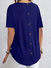 Plus Size Maroon Short Sleeve Crew Neck T-Shirt with Back Button and Asymmetrical Hem