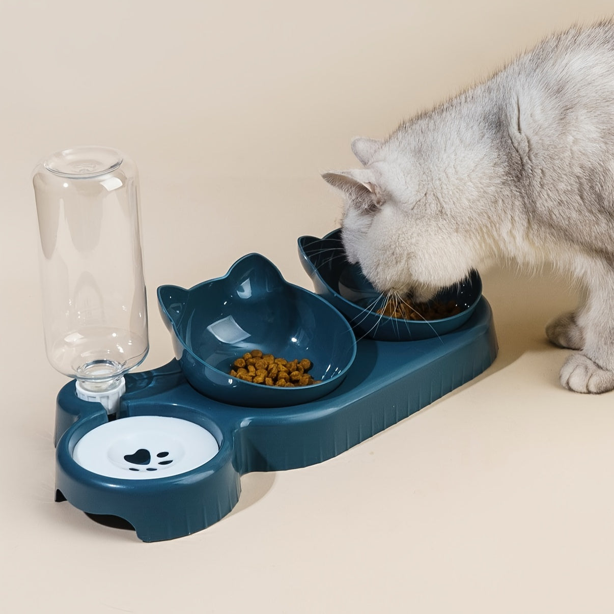 3-in-1 Anti-Tip Cat Feeding Station with Automatic Water Dispenser Elevated Bowls Blue Plastic