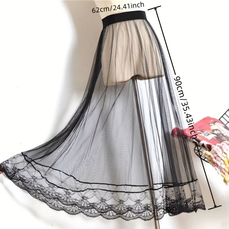 Victorian Gothic Sheer Tulle Skirt with Lace Petticoat for Women