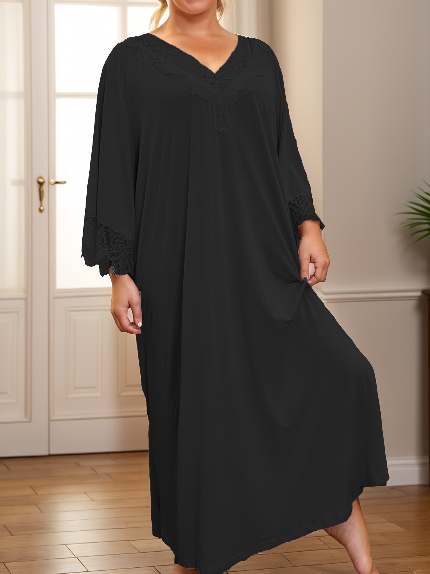 Plus Size Women's Satin Nightgown With Contrast Lace Cap Sleeve