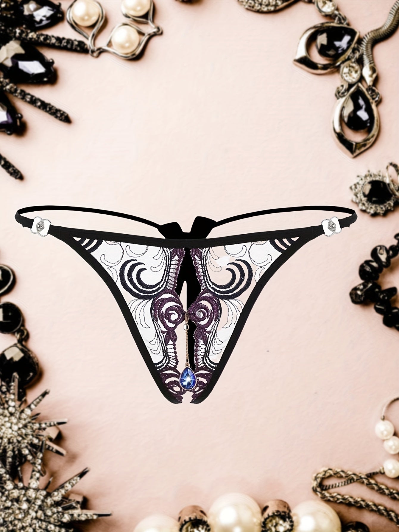 Women's Low-Waist Lingerie T-Pants with Transparent Fabric Embroidery and Rhinestones