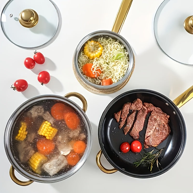 Uyda foydalanish uchun 12 dona apelsin rangli zanglamas po'latdan yasalgan idish-to'plam - turli xil ovqat tayyorlash uchun sho'rva qozoni, qovurish panasi, sut qozoni va boshqalarni o'z ichiga oladi.